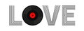 LOVE. Musical vinyl record disk. Red label center. Happy Valentines Day greeting card, poster, banner. Music sound audio icon. Royalty Free Stock Photo