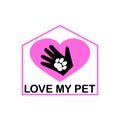 Love my pet logo with dog pawprint, heart and human hand. Pink vector clipart and drawing. Design template and icon. Royalty Free Stock Photo