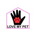 Love my pet logo with dog pawprint, heart and human hand. Vector clipart and drawing. Design template and icon. Royalty Free Stock Photo