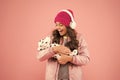 Love my puppy. warm clothes for cold weather. happy little girl play dog toy. pink is her favorite color. small kid Royalty Free Stock Photo