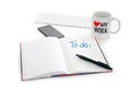 Love my work concept. Lined note pad computer keyboard mobile phone a pencil and a coffee mug Royalty Free Stock Photo