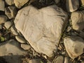 Love in nature. Beautiful heart-shaped stone in the sun`s rays