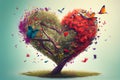 Love in Nature: Heart-Shaped Tree with Butterflies. Generative AI