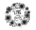 Love never fails - calligraphy lettering in wreath on white background, hand drawn black and white biblical phrase Royalty Free Stock Photo