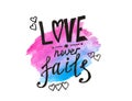 Love never fails - lettering on blue and pink watercolor splash, bible quote isolated on white