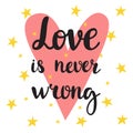 Love is never wrong. Inspirational quote. Hand drawn lettering. Motivational poster