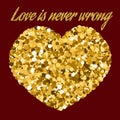 Love is never wrong inspirational quote hand vector image, vector illustration with inscription and heart in sparkles