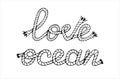 Love ocean, lettering with sea boat rope