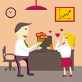 Love in office. Man Manager gives flowers woman in the office