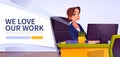 We love our work web banner with bank worker woman Royalty Free Stock Photo