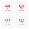 Love outline logo set - heart, address pointer, shield and green leaf symbol