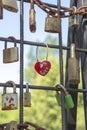 Love padlocks representing ever lasting love. Red heart love lock Royalty Free Stock Photo
