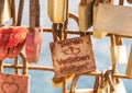 Love padlocks with romantic slogan Royalty Free Stock Photo