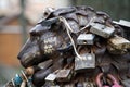 Love padlocks at rusty statue of bronze lion