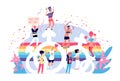 Love parade. Rainbow lgbtq pride activism and bisexual laws. Gay, lisbians and trans happy holiday event vector concept