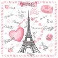 Love in Paris.Watercolor hearts,lettering.Hand Royalty Free Stock Photo