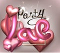 Love party invitation card with hearts, gold frame, sparkler and letters.