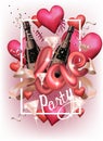 Love party invitation card with hearts, serpentine, bottles and glasses and letters.