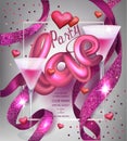 Love party invitation pink card with sparkling ribbons, glasses of cocktail and hearts.