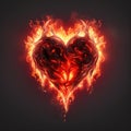 Love and passion concept. Burning heart on black background. Orange, yellow and red flames. AI Generated