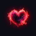 Love and passion concept. Burning heart on black background. Orange, yellow, red and purple flames. AI Generated