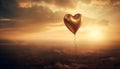 Love passion flying high, a heart shaped balloon in sunset celebration generated by AI