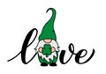 Love Patricks Day design with gnome holding shamrock leaf. Funny Saint Patricks day quote. Vector template for banner