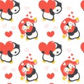 Love pattern seamless with Cute baby penguins Valentine with heart, animal cartoon drawing illustration