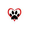 Love paw logo. Animal love symbol paw print with heart icon isolated on white background Royalty Free Stock Photo