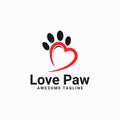 Love paw print vector logo illustration. paw print with a heart symbol. cat or dog paw print. veterinary clinic logo. animal care Royalty Free Stock Photo