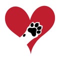 Love paw print vector logo illustration. paw print with a heart symbol dog paw print. veterinary clinic logo. animal care sign Royalty Free Stock Photo