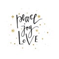 Love Peace Joy text and gold glitter snowflakes Holiday greetings quote isolated on white. Great for Christmas and New year cards, Royalty Free Stock Photo