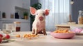 Love and pet care shine with a mini pig indoors. Food, feeding