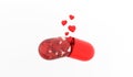 Love pill. Love tablet. ÃÂ¡apsule with hearts is dissolved on white background. 3D rendering.