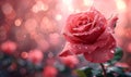 Love in Pink: Red Rose on Pink Background with Bokeh Lights, Royalty Free Stock Photo