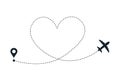 Love plane route. Airplane heart line path.