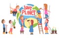 Love Planet Concept, Cute Kids Taking Care about Ecology, Conservation of Planet Resources, Environmental Protection