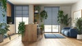 Love for plants concept. Kitchen with island and living room interior design in blue and wooden tones. Parquet, sofa and many Royalty Free Stock Photo