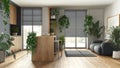 Love for plants concept. Kitchen with island and living room interior design in gray and wooden tones. Parquet, sofa and many Royalty Free Stock Photo