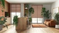 Love for plants concept. Kitchen with island and living room interior design in orange and wooden tones. Parquet, sofa and many Royalty Free Stock Photo