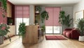 Love for plants concept. Kitchen with island and living room interior design in red and wooden tones. Parquet, sofa and many house Royalty Free Stock Photo