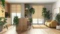 Love for plants concept. Kitchen with island and living room interior design in yellow and wooden tones. Parquet, sofa and many Royalty Free Stock Photo