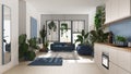 Love for plants concept. Kitchen and living room interior design in white and blue tones. Parquet, sofa and many house plants. Royalty Free Stock Photo