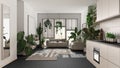 Love for plants concept. Kitchen and living room interior design in white and dark tones. Parquet, sofa and many house plants. Royalty Free Stock Photo