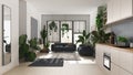 Love for plants concept. Kitchen and living room interior design in white and gray tones. Parquet, sofa and many house plants. Royalty Free Stock Photo
