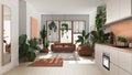 Love for plants concept. Kitchen and living room interior design in white and orange tones. Parquet, sofa and many house plants. Royalty Free Stock Photo
