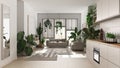 Love for plants concept. Kitchen and living room interior design in white tones. Parquet, sofa and many house plants. Urban jungle Royalty Free Stock Photo