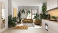 Love for plants concept. Kitchen and living room interior design in white and yellow tones. Parquet, sofa and many house plants. Royalty Free Stock Photo