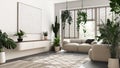 Love for plants concept. Minimal modern living room interior design in white and dark tones. Parquet, sofa and many house plants. Royalty Free Stock Photo