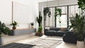 Love for plants concept. Minimal modern living room interior design in white and gray tones. Parquet, sofa and many house plants. Royalty Free Stock Photo